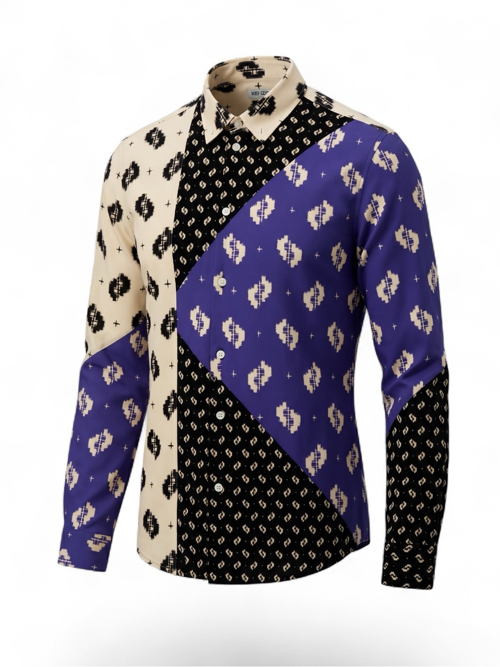 KENZO “Ikat” Print Patchwork Long-Sleeve Shirt